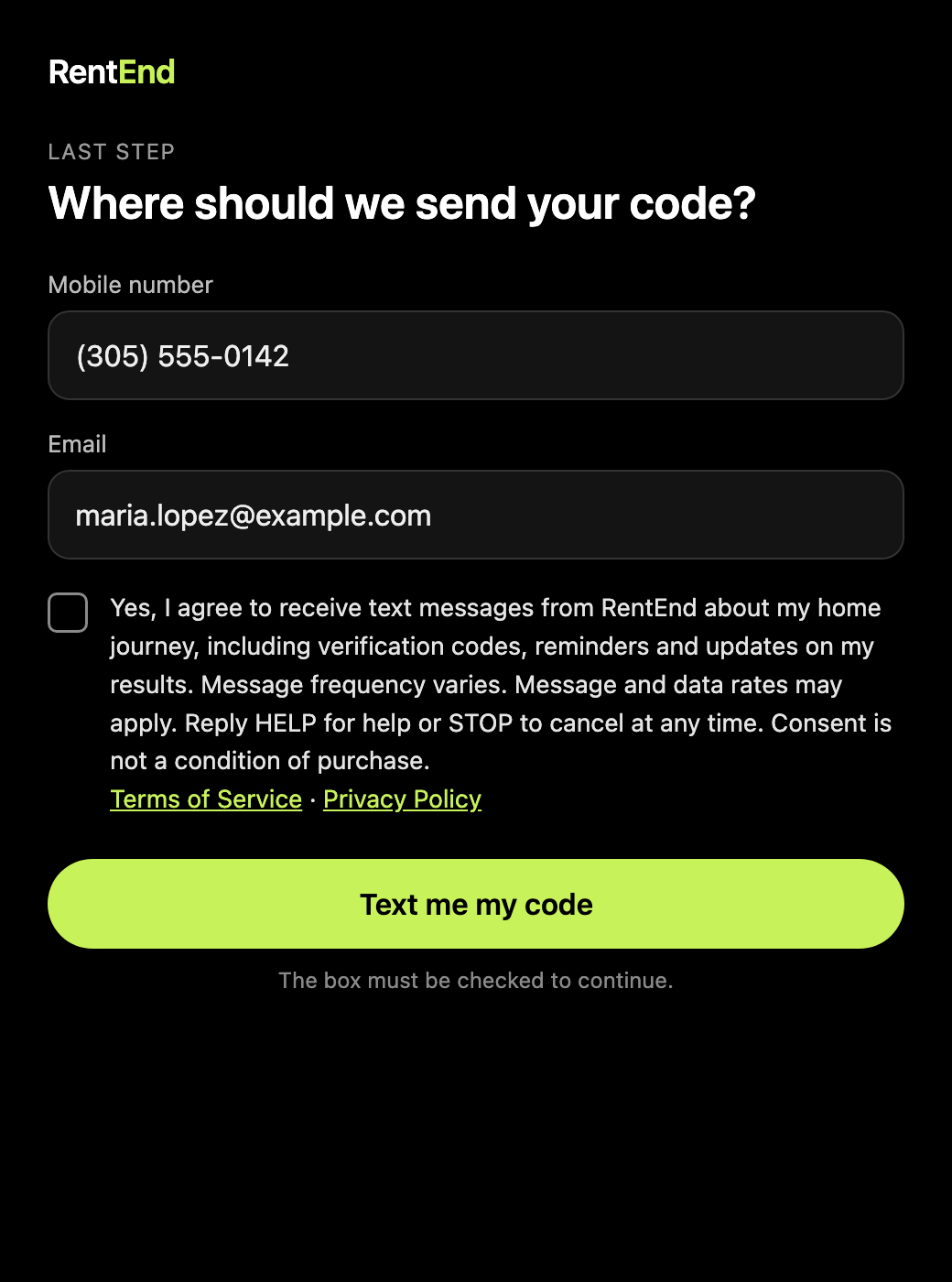 RentEnd mobile number step with the unchecked SMS consent checkbox, consent language, Terms of Service and Privacy Policy links, and the Text me my code button